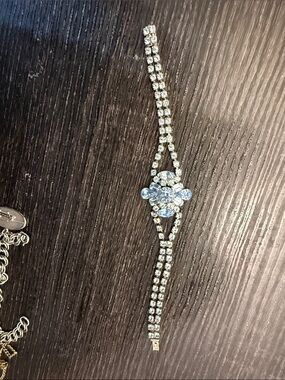 Blue Crystal Flower Tennis Bracelet - Silver Clear